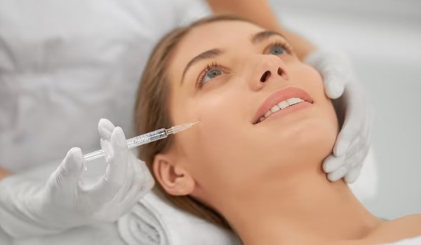 A woman getting botox injection in her face.