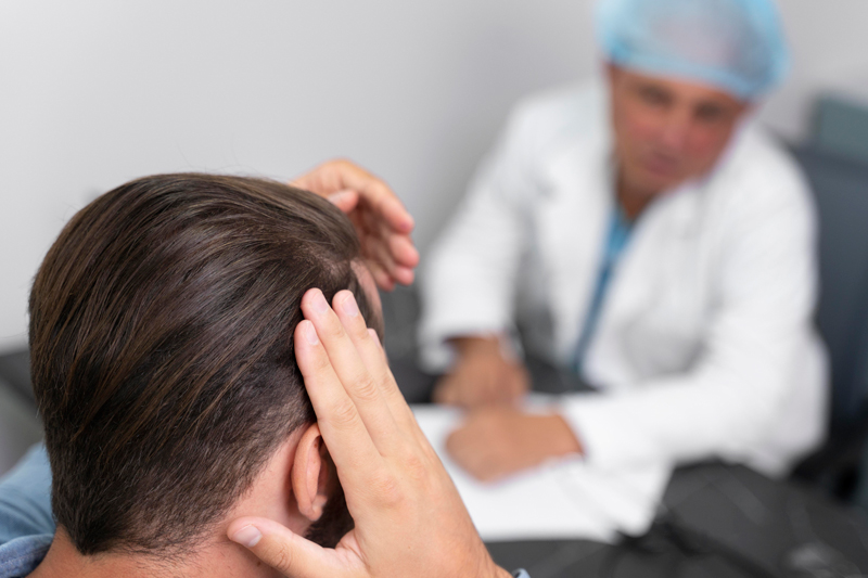 A man with his head turned to the side in front of a doctor.